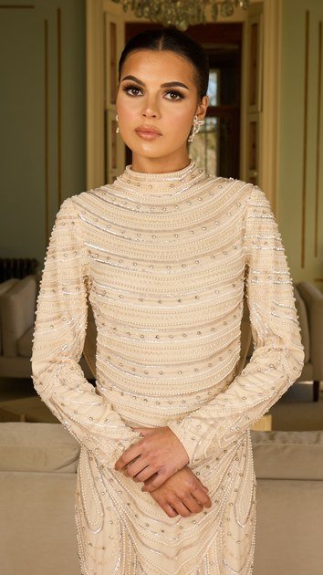 Pearl embellished cream dress