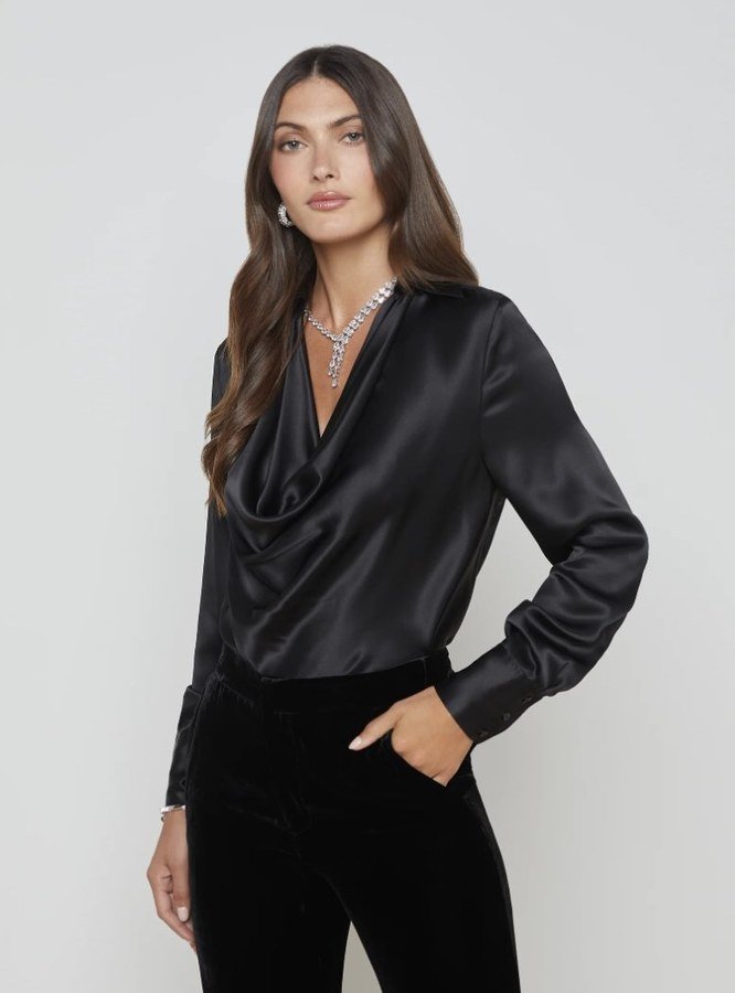 Black velvet trousers silk blouse