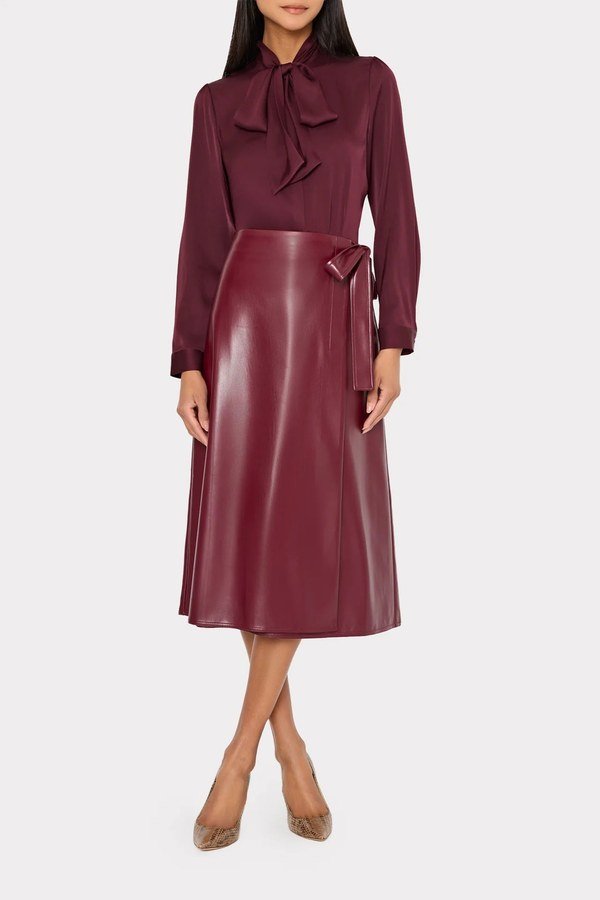 Burgundy leather skirt with a silk camisole