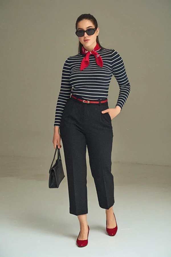 Breton striped top with a red scarf
