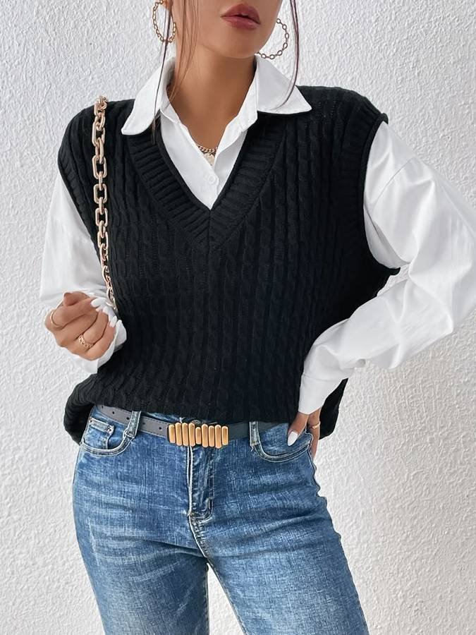 Sweater vest over a white shirt with mom jeans