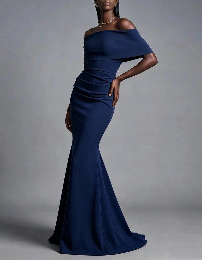 Off-shoulder black crepe gown