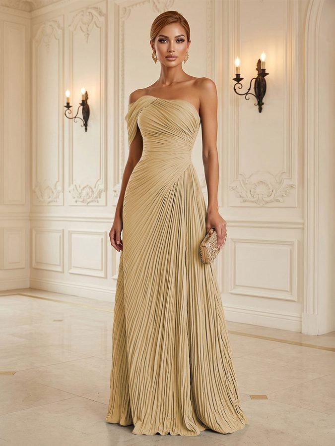 Champagne pleated evening gown