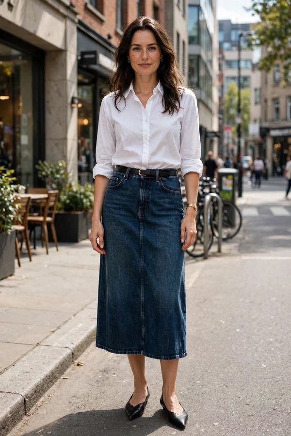 Woman in a white shirt with a dark-wash denim midi skirt in the city