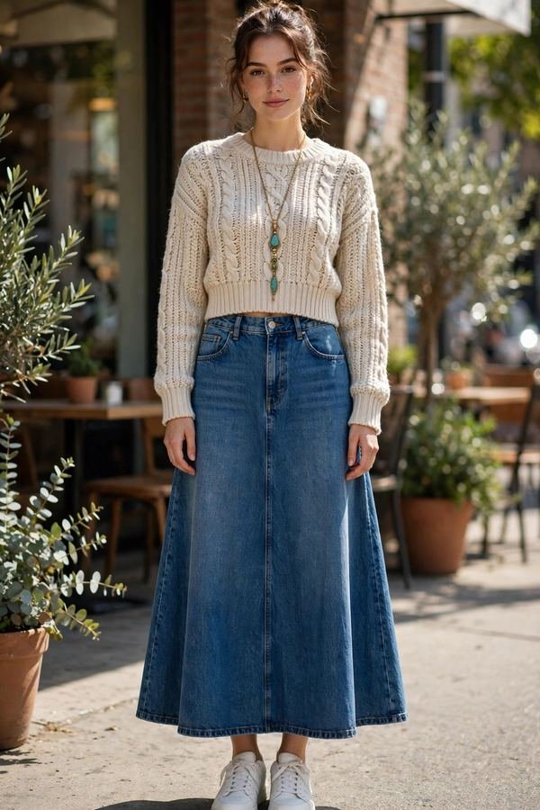 Woman wearing a cropped knit top with a long denim maxi skirt