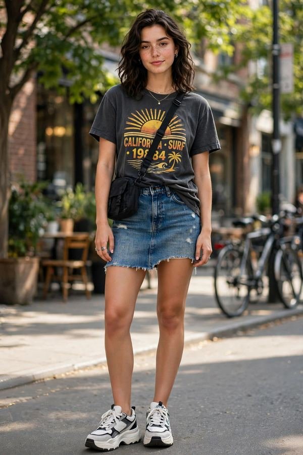 Woman wearing a graphic tee with a distressed denim mini skirt