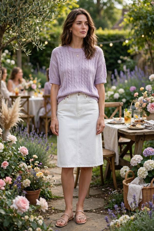 Woman in a pastel knit top with a white denim skirt