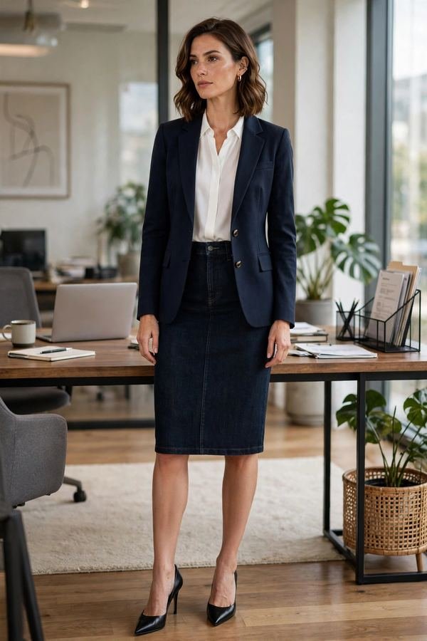 Woman wearing a tailored blazer with a denim pencil skirt