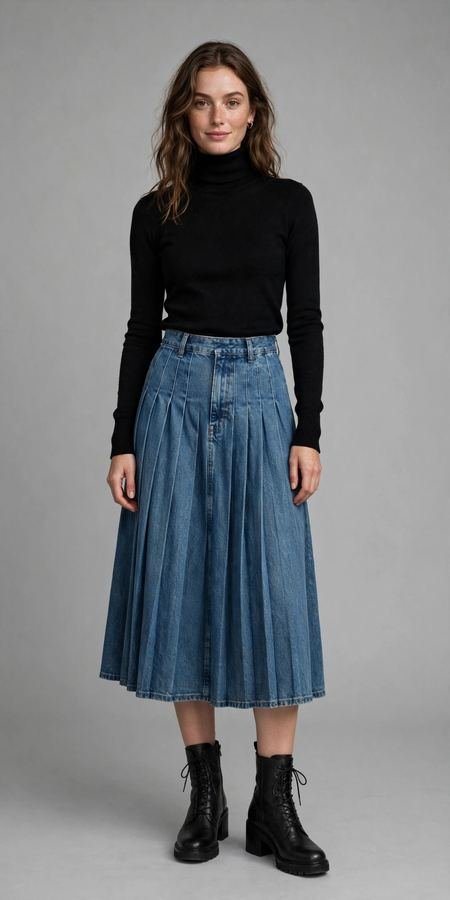 Woman in a black turtleneck with a pleated denim midi skirt