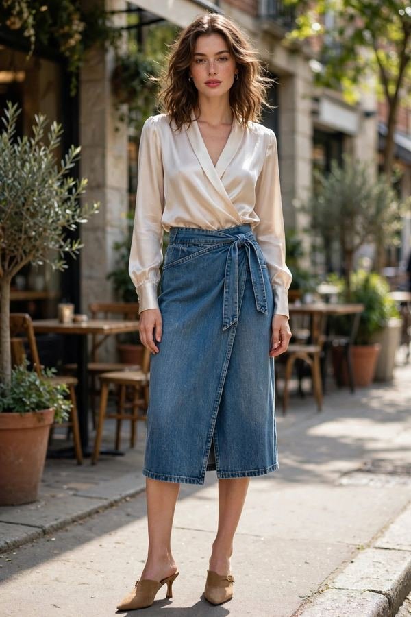 Woman wearing a silk blouse with a wrap denim skirt