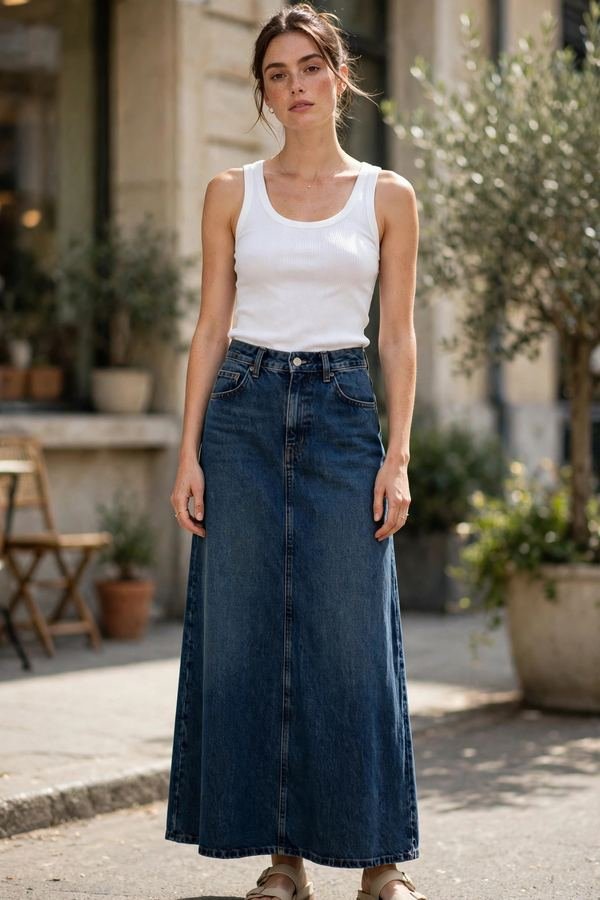 Woman in a fitted ribbed tank top with a long denim skirt