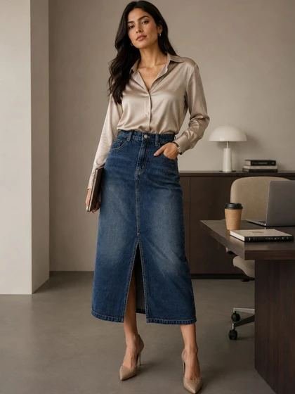 Woman in a dark denim maxi skirt styled for the office