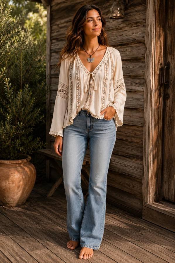 Woman wearing an embroidered boho blouse with flared jeans