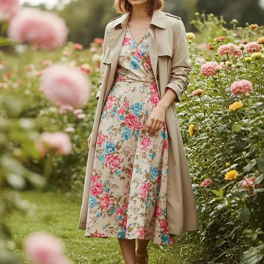 Woman in a classic trench coat over a floral midi dress