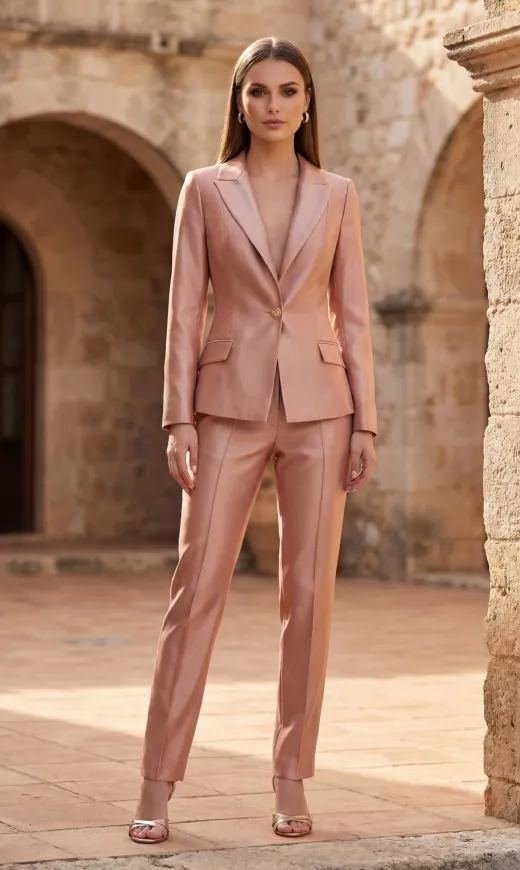 Woman wearing a blush pink pantsuit