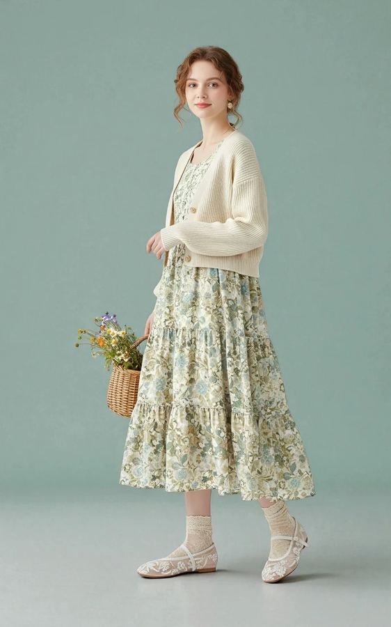 Woman wearing a ditsy floral tea dress with a cardigan