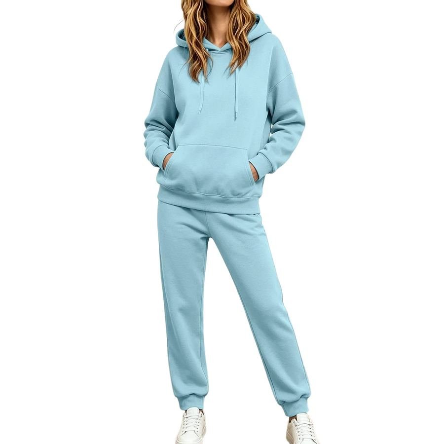 Woman in a pastel hoodie and matching joggers