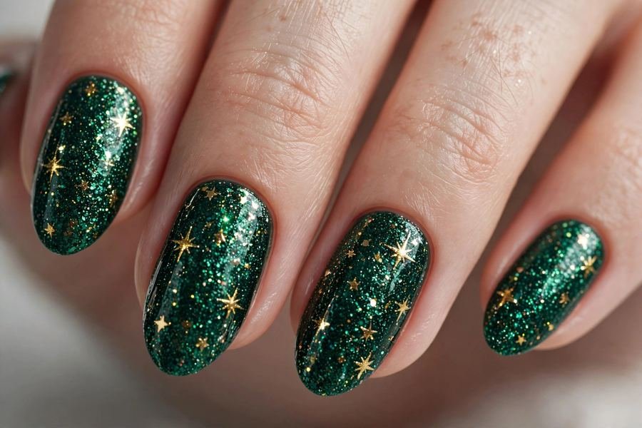 Emerald Glitter With Gold Stars