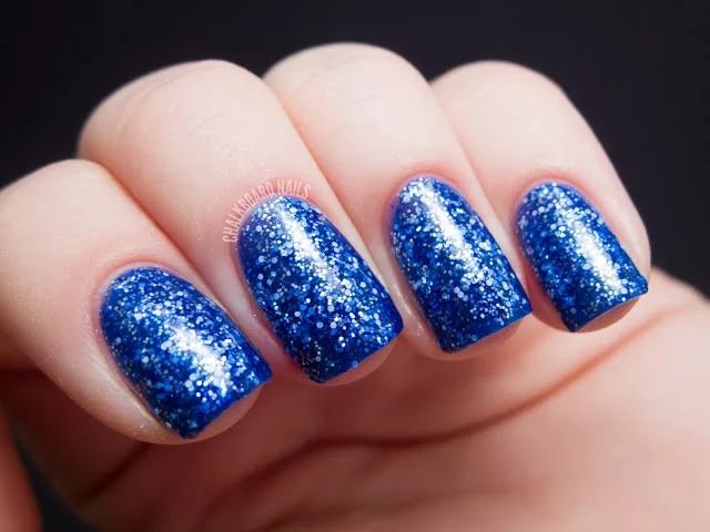 Simple blue winter nails with glitter topper