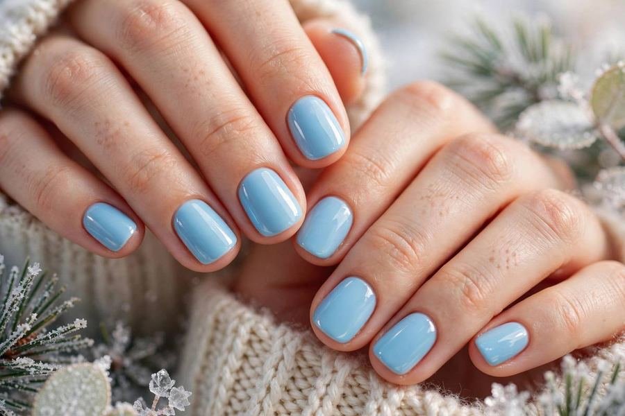 Baby blue short winter nails