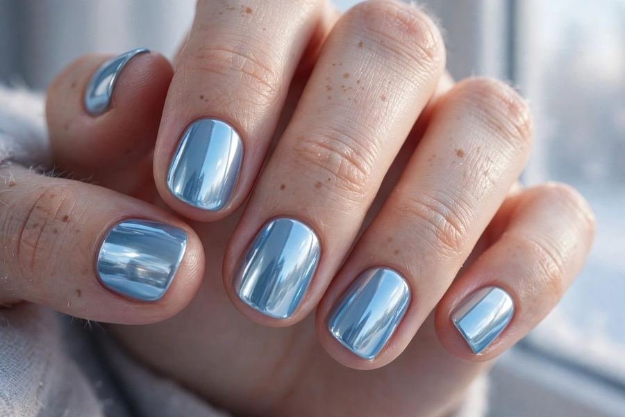 Short baby blue chrome winter nails