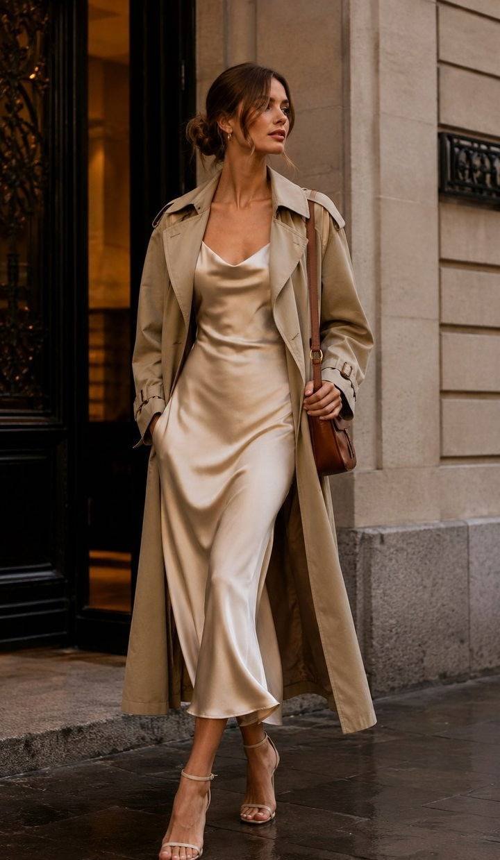 Trench coat over satin slip dress for evening
