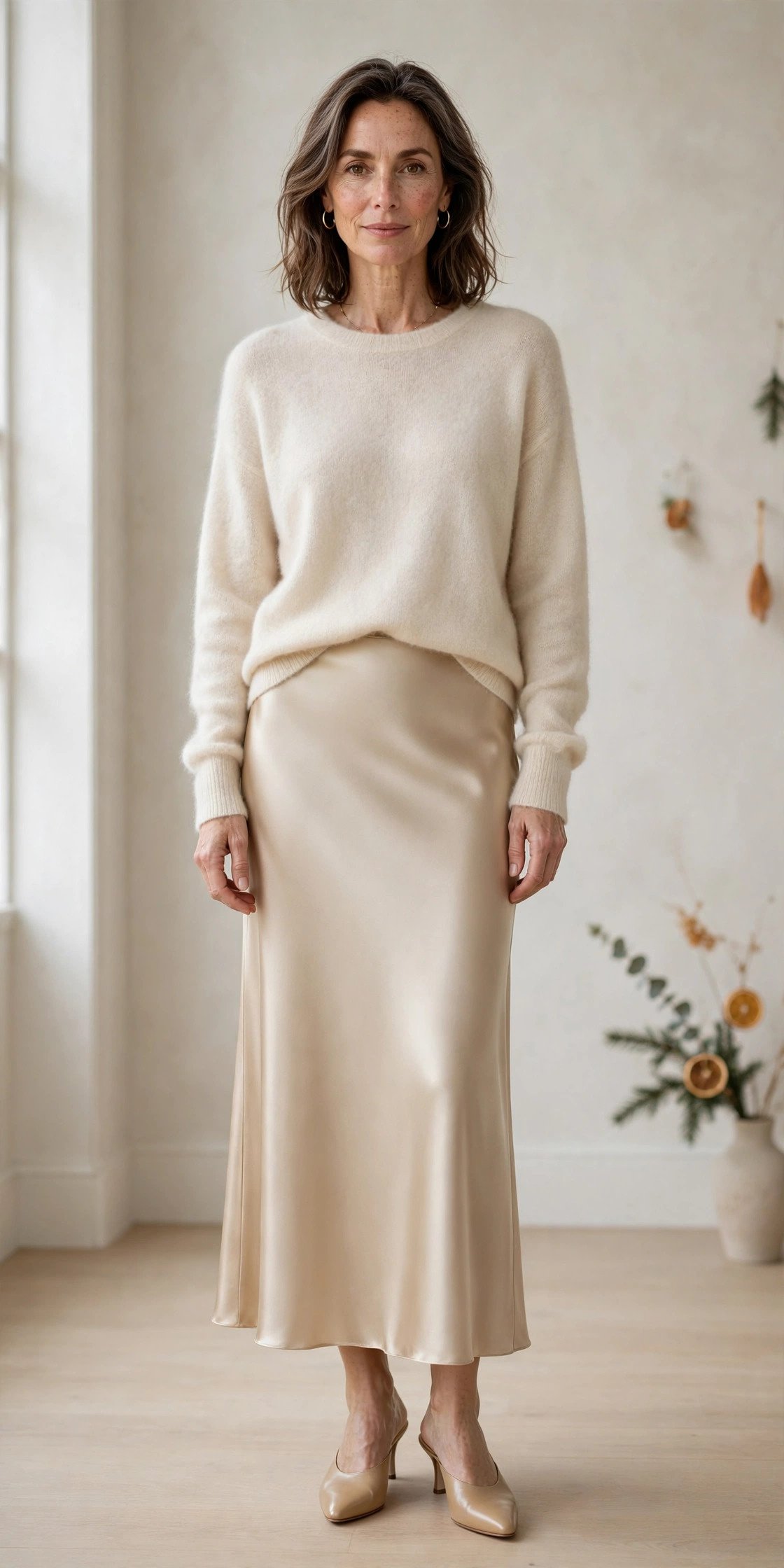 Woman styling a champagne satin slip skirt with a cashmere sweater