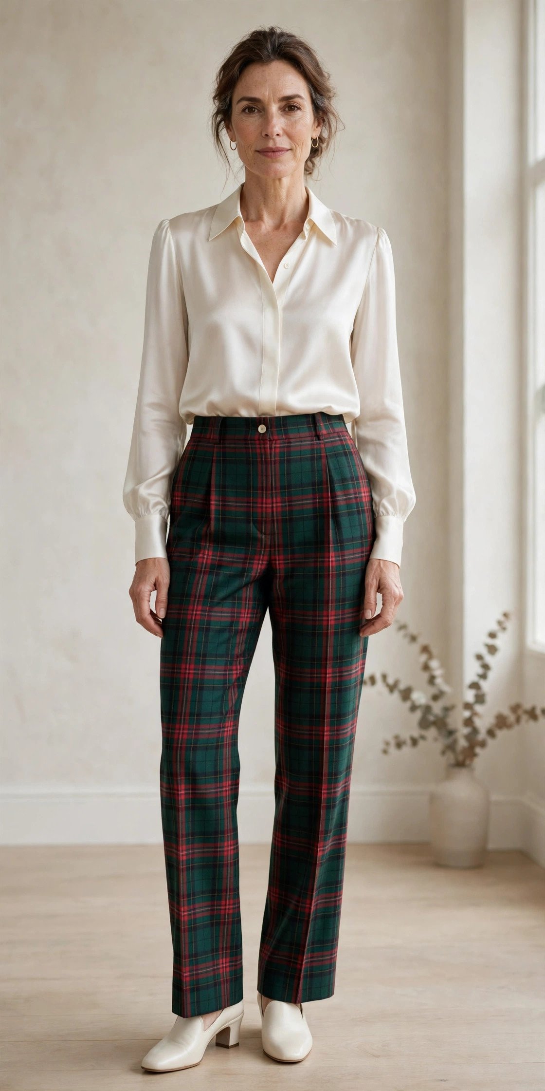 Woman in an ivory silk blouse and tartan plaid trousers