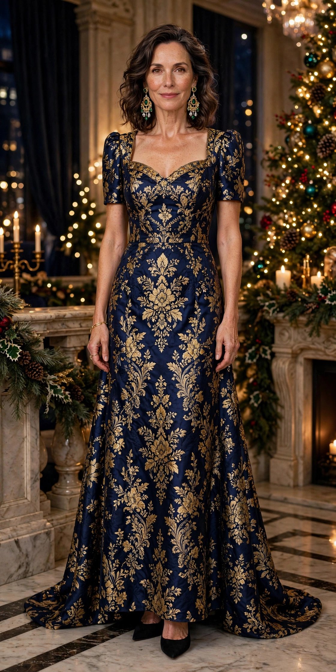 Woman in a navy brocade cocktail dress