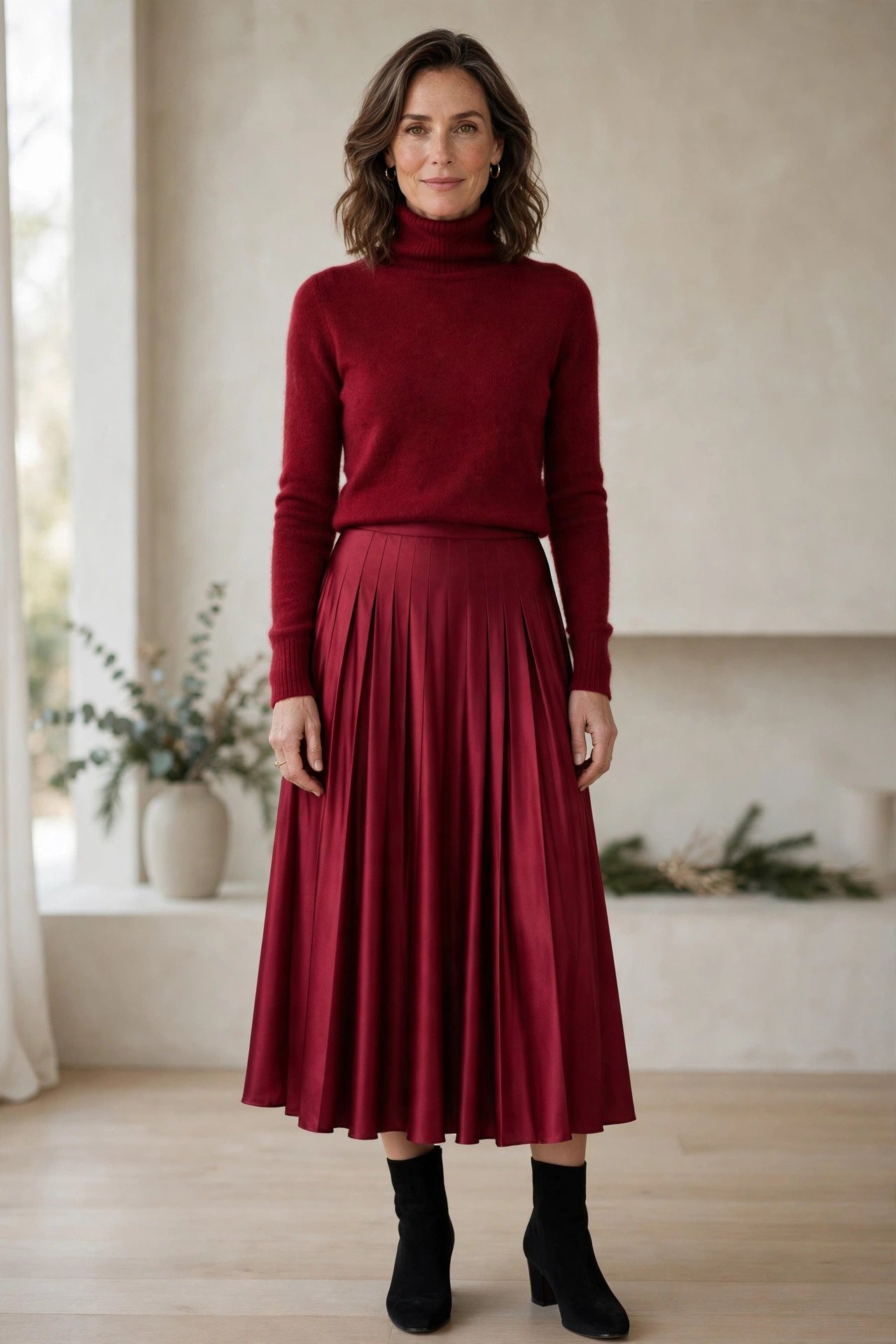 Woman in a cranberry cashmere turtleneck and pleated satin skirt