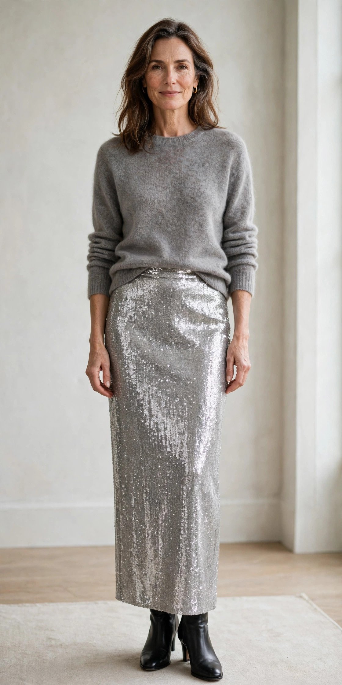 Woman in a silver sequin pencil skirt and gray cashmere sweater