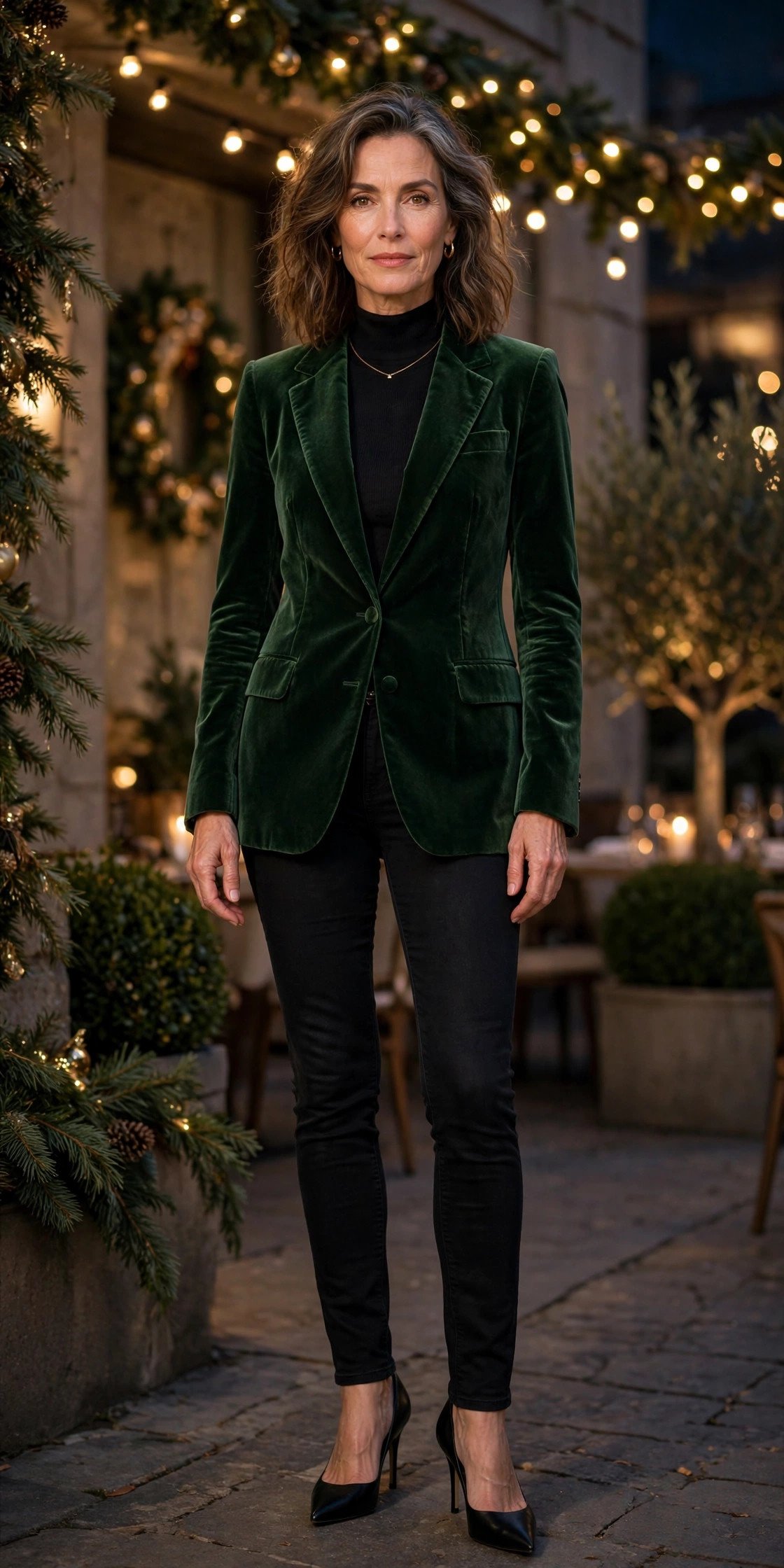 Woman wearing a forest green velvet blazer with black jeans