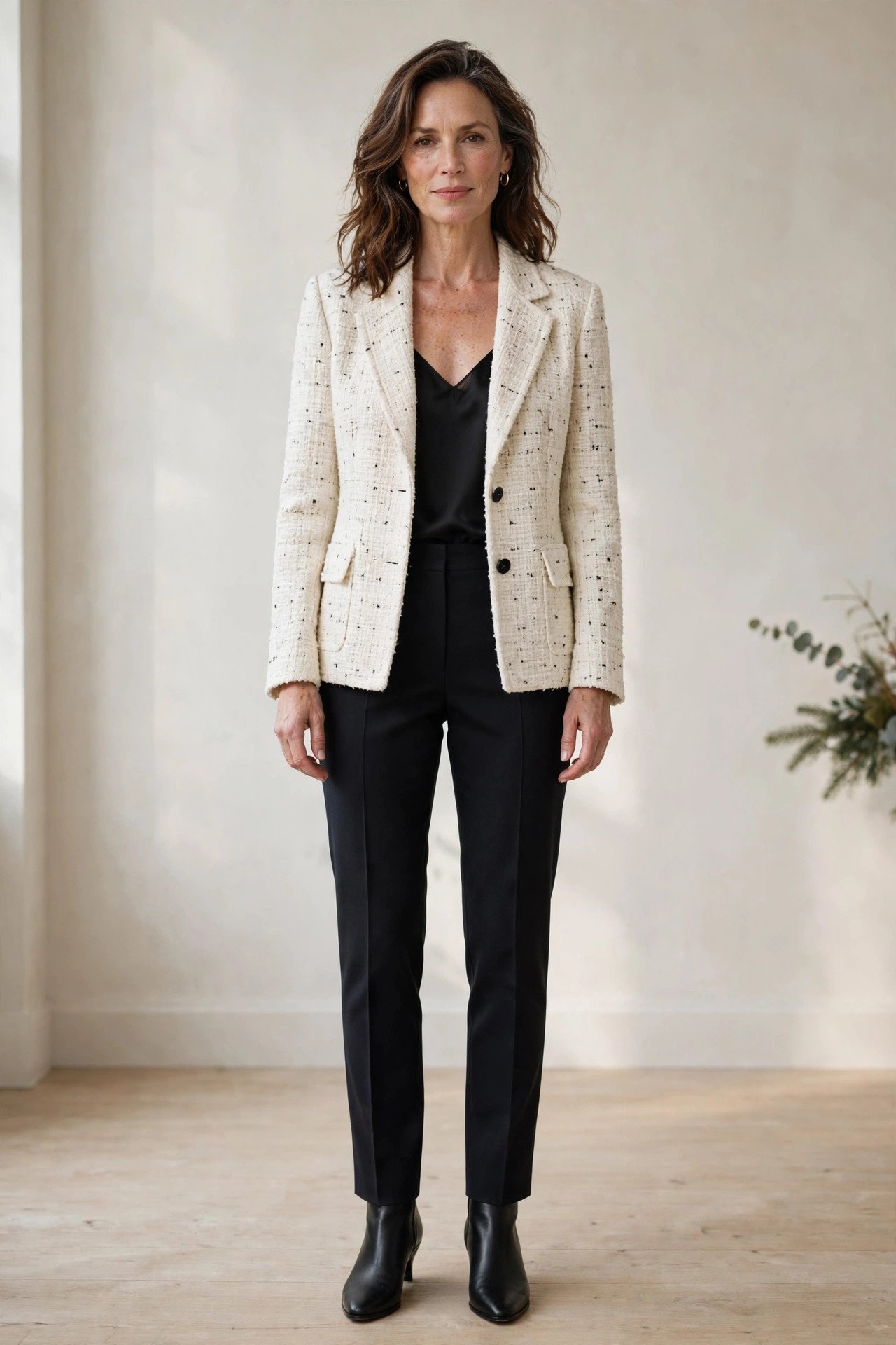 Woman in an off-white tweed jacket with a black silk cami