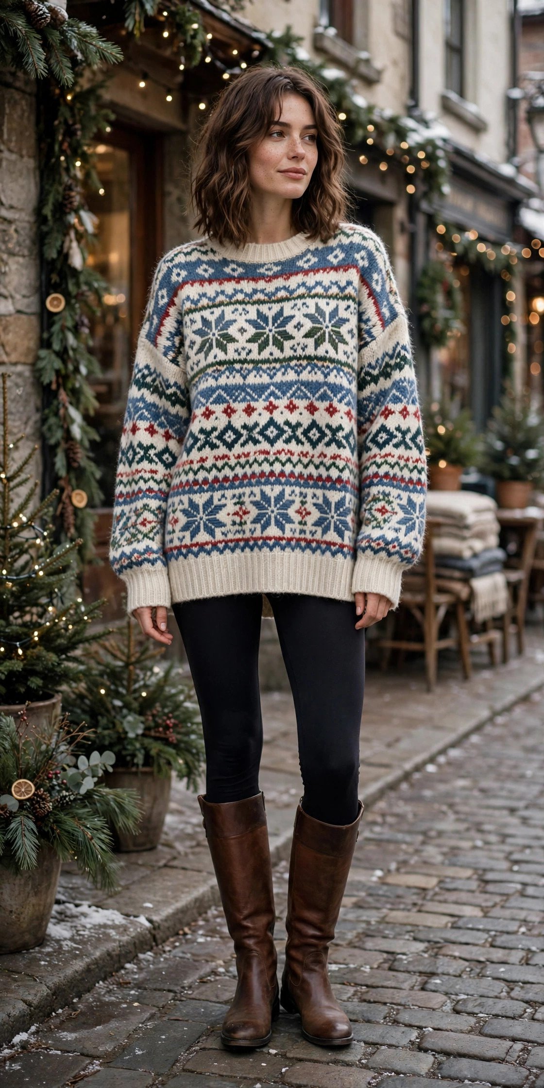 Woman in an oversized fair isle sweater with leggings and boots