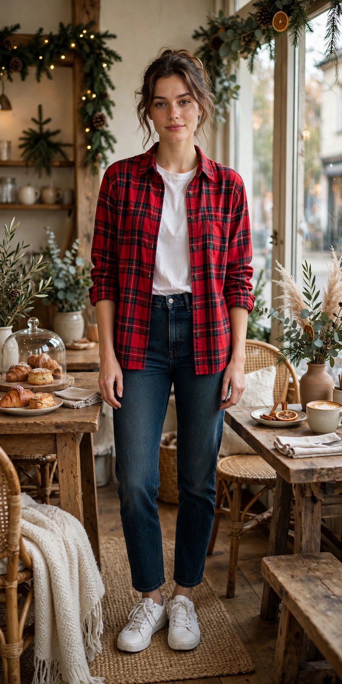Woman wearing red plaid flannel with dark jeans and sneakers