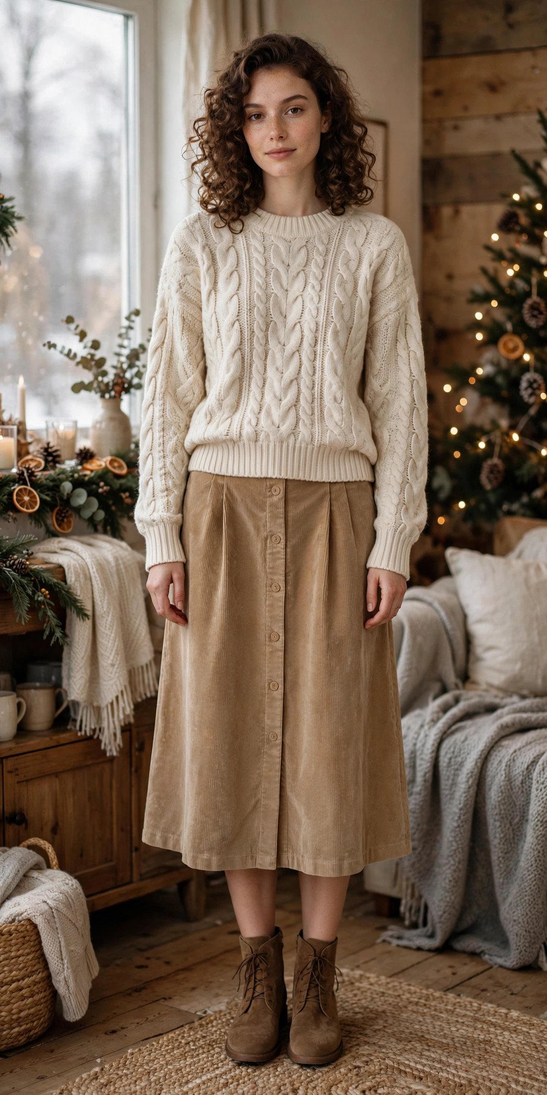 Woman in a cream cable-knit sweater with a corduroy skirt