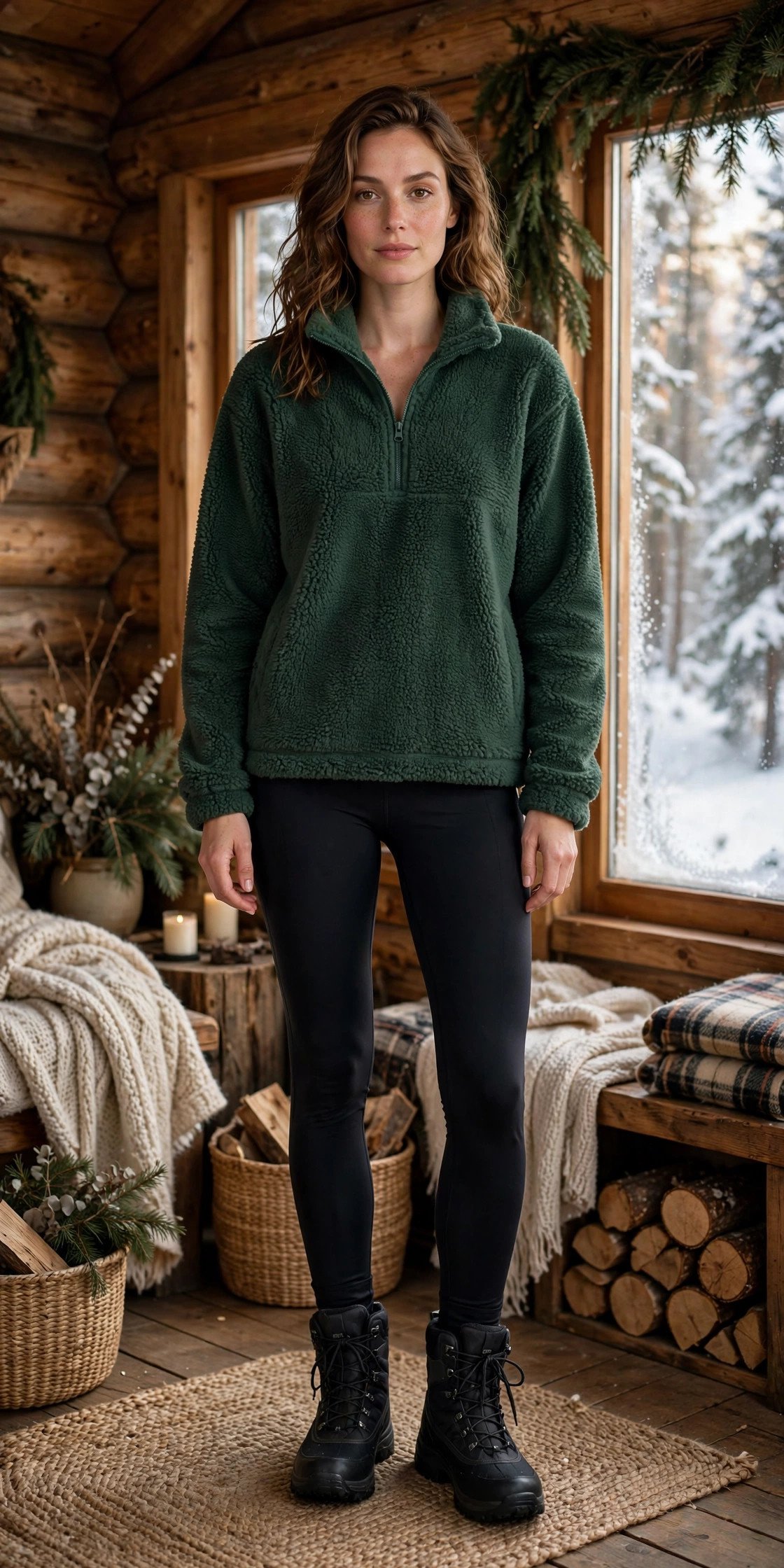Woman wearing a green sherpa pullover with black leggings