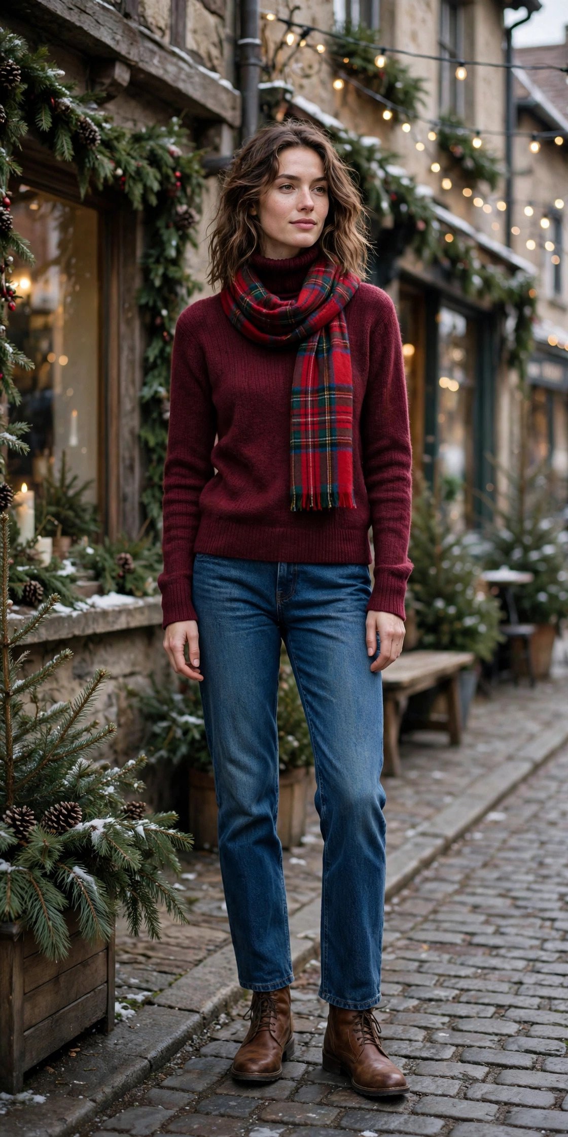 Woman in a burgundy turtleneck with a plaid scarf and jeans