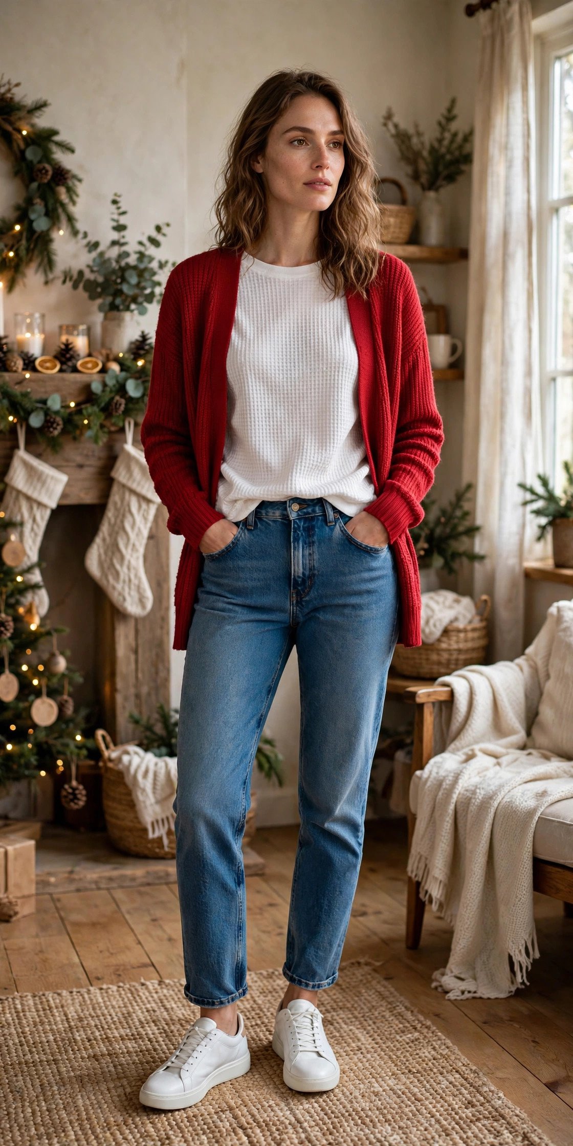 Woman wearing a white waffle-knit top with a red cardigan and denim