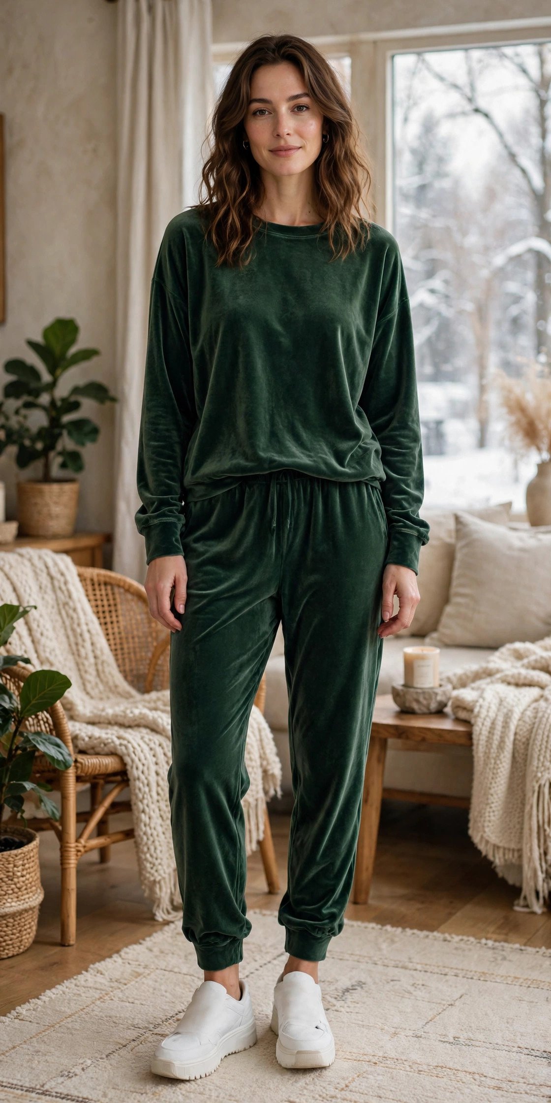 Woman wearing a forest green velvet jogger set