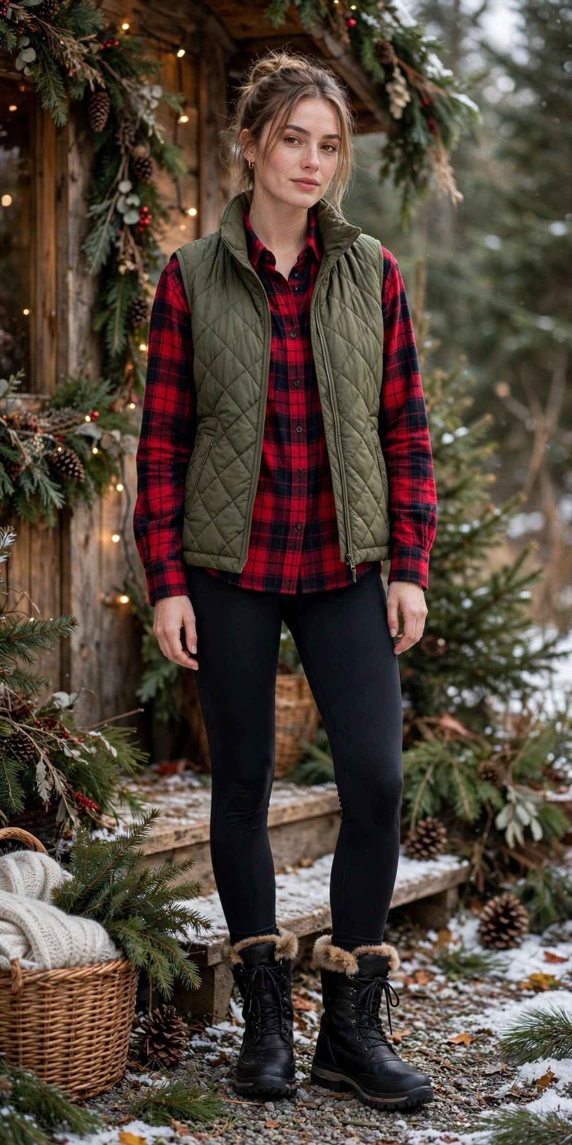 Woman in a flannel shirt with a quilted vest and leggings