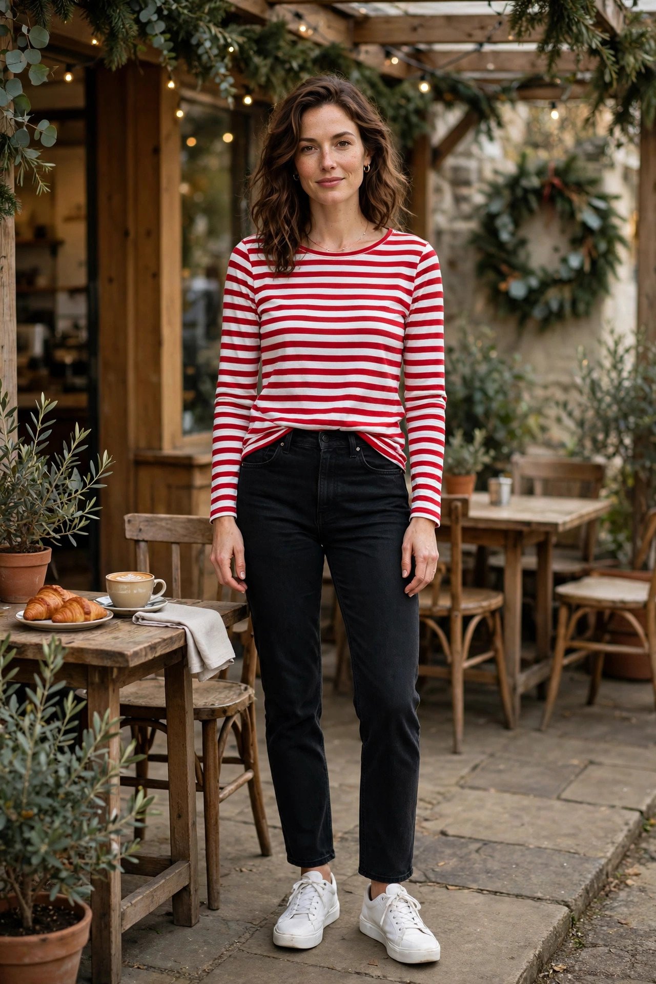 Woman in a red striped breton top with black jeans