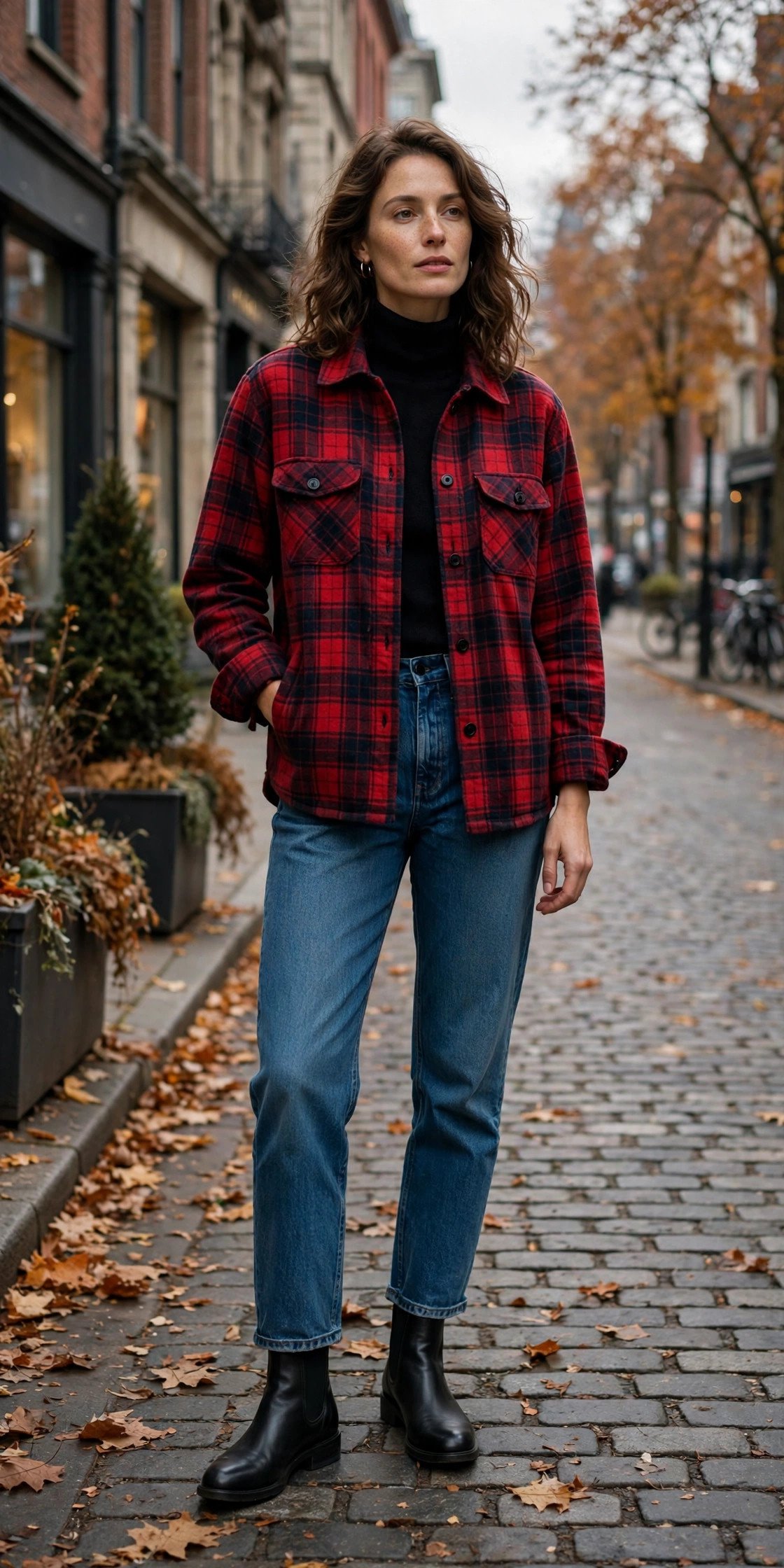 Woman wearing a plaid shacket with a black turtleneck and jeans