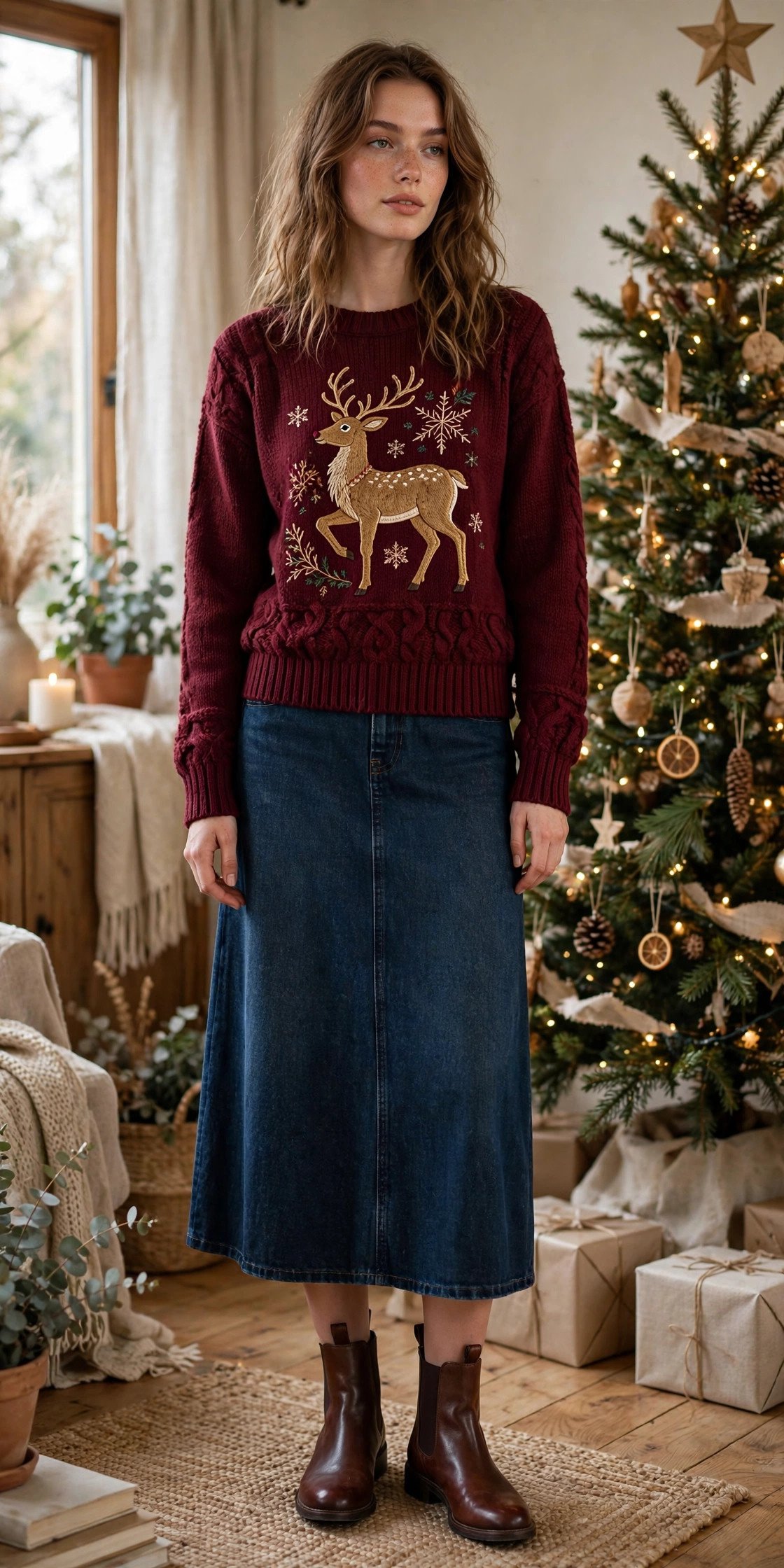 Woman wearing a reindeer knit sweater with a dark denim skirt