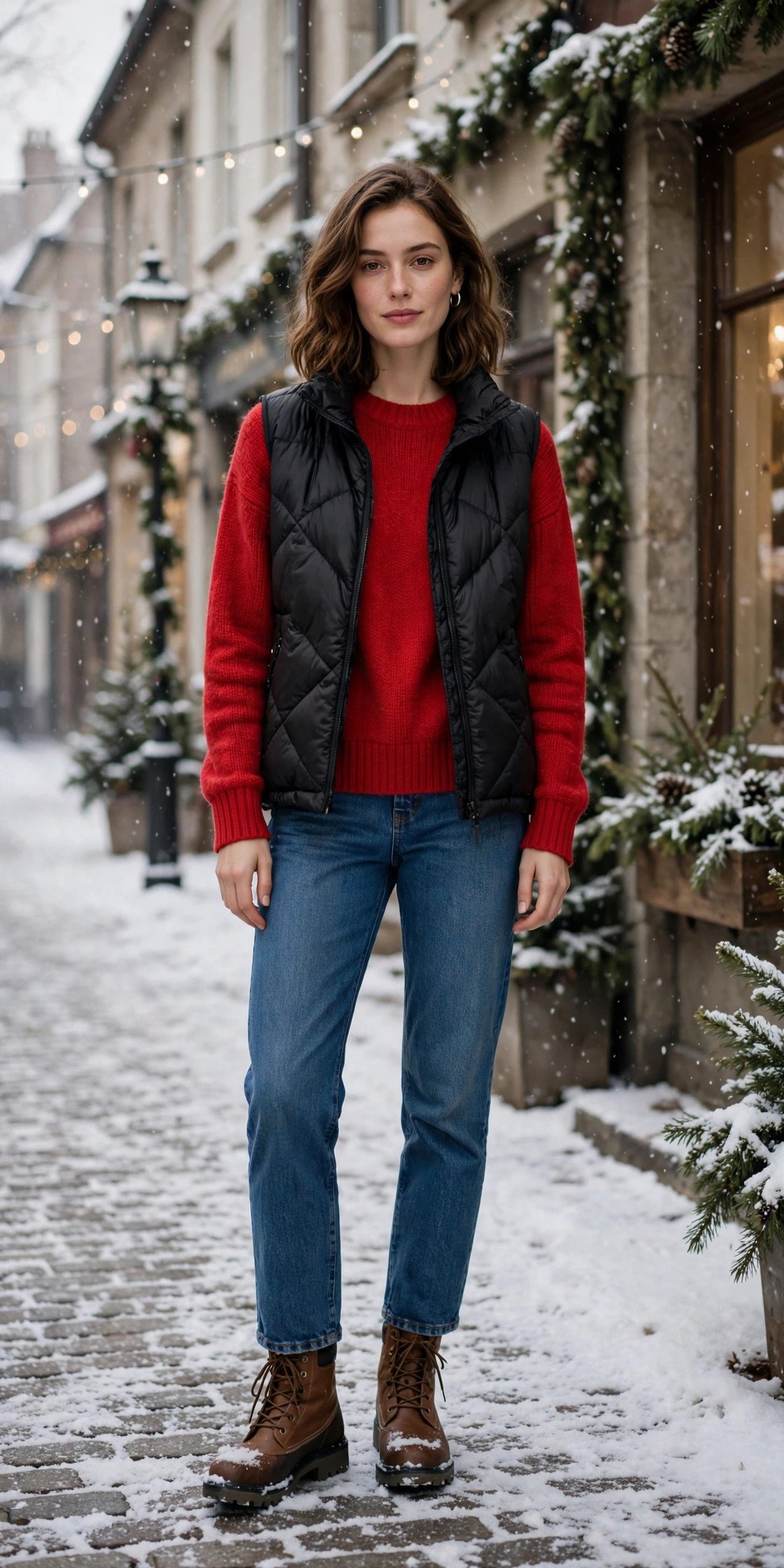 Woman in a black puffer vest with a red sweater and jeans
