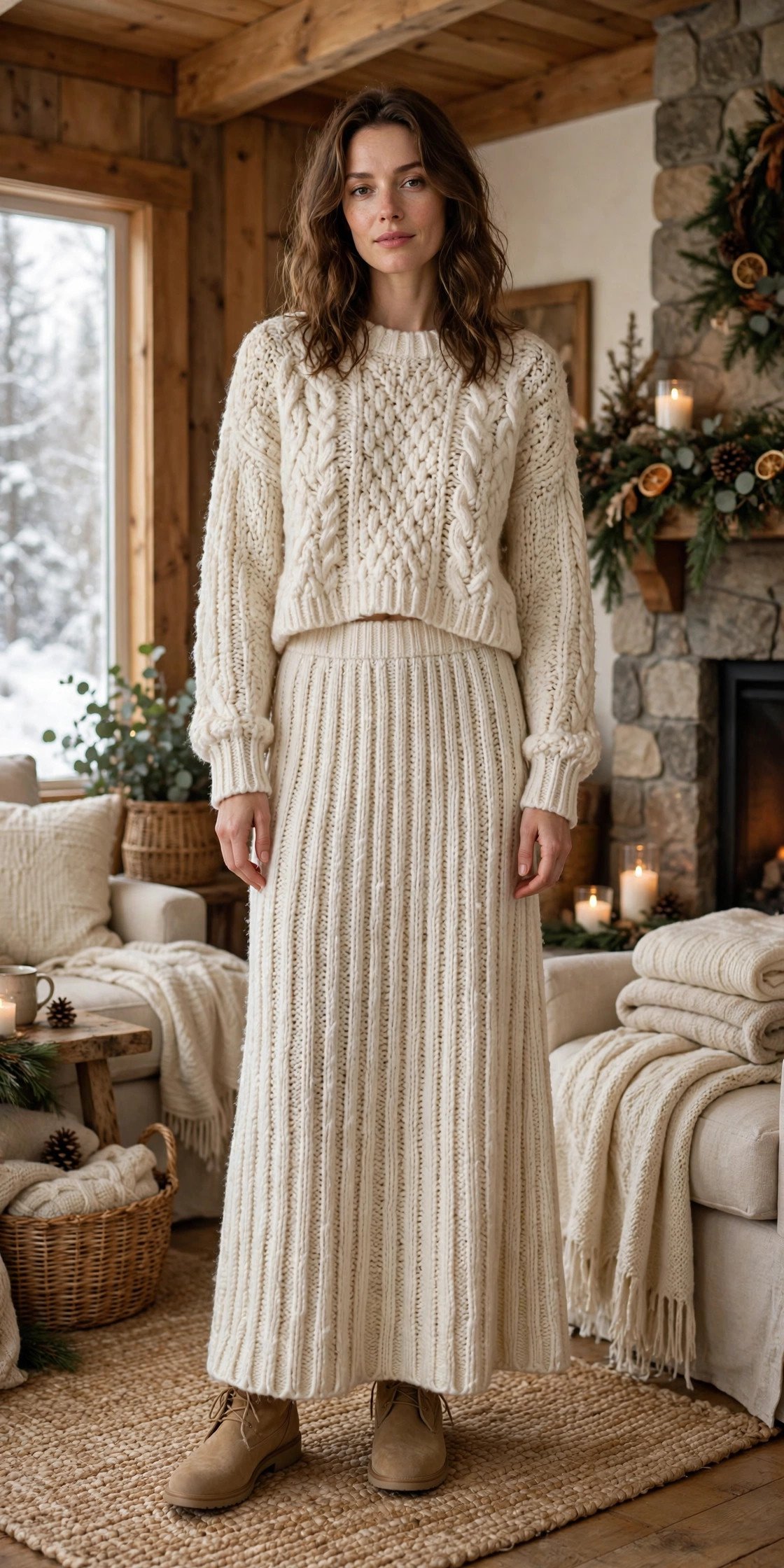 Woman wearing a knit maxi skirt with a cropped sweater
