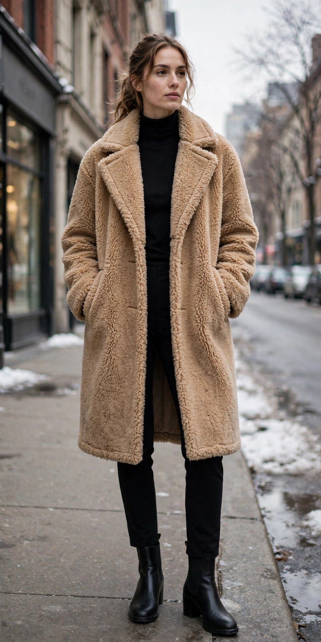 Woman wearing a tan teddy coat over an all-black outfit