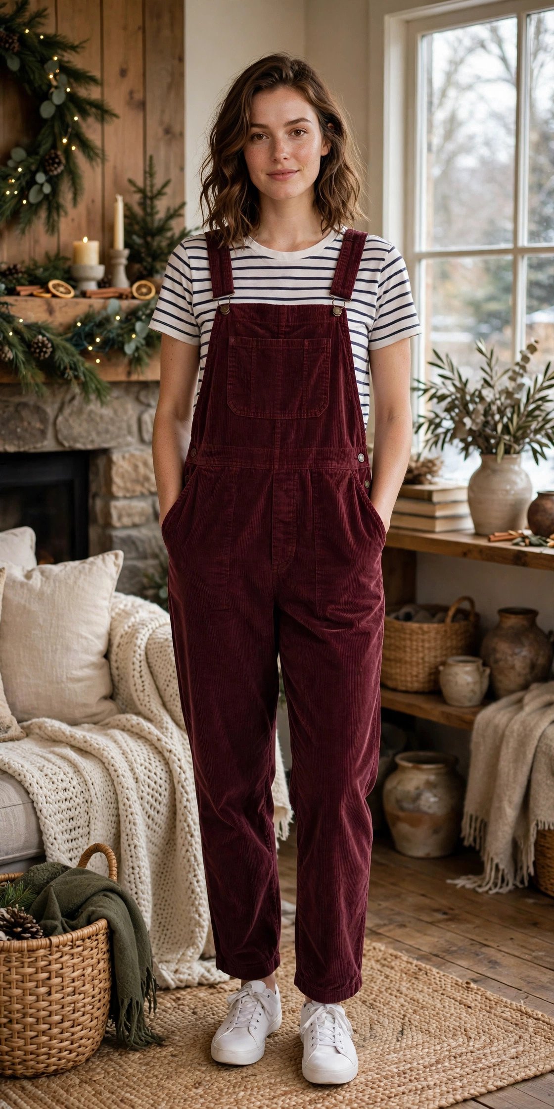Woman in burgundy corduroy overalls with a striped tee