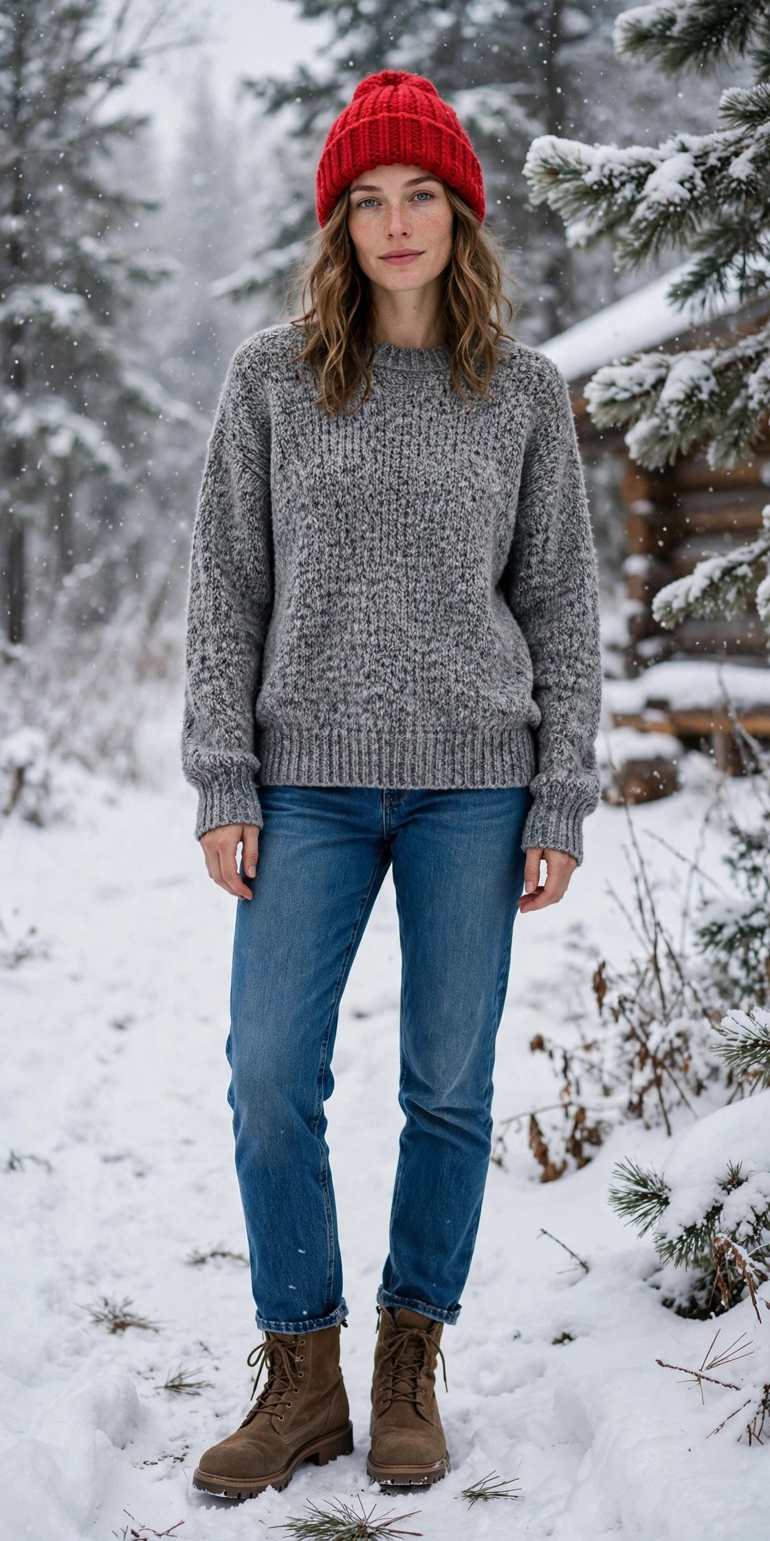 Woman in a gray marled sweater with a red beanie and jeans