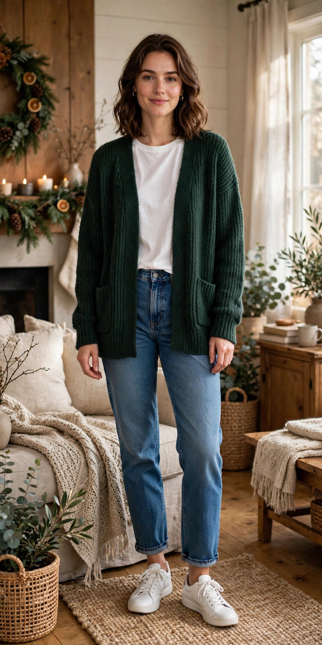 Woman in an evergreen cardigan with a white tee and jeans